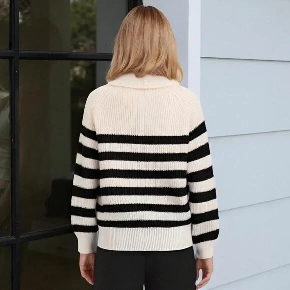 Women's Stripe Sweater Half Turtleneck Zipper Long Sleeve Knit Striped White - Picture 2 of 7